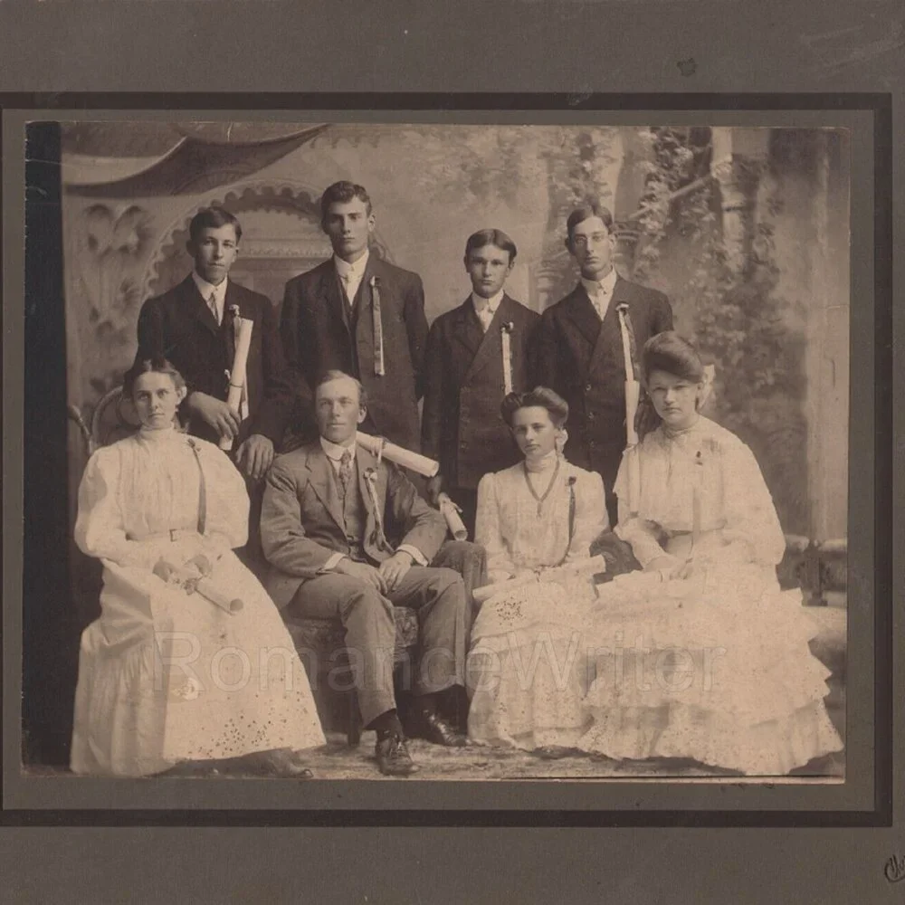 Young Men Women Dresses Suits and Rolled Paper Maybe Diplomas 1900's Photograph